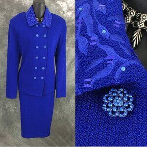 BEAUTIFUL St John evening knit blue rhinestones embellished skirt suit 10 12